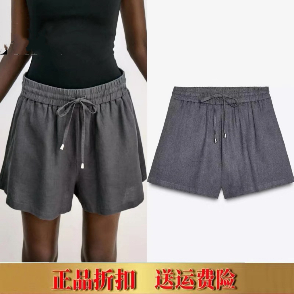 2025夏季新品 女装 亚麻混纺高腰松紧系带薄休闲短裤 8073423