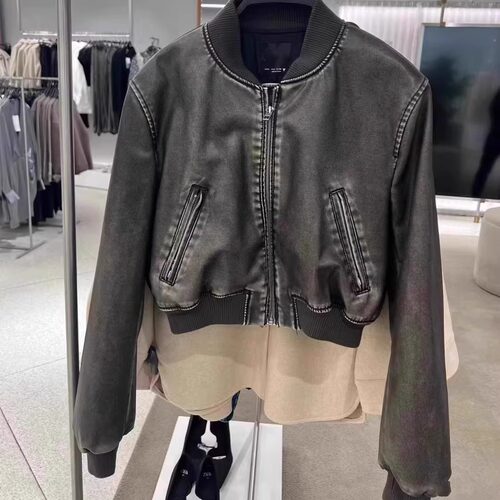 春季新款女装立领磨皮仿皮飞行员夹克外套皮衣 4341731