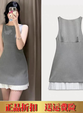 2025春夏新款甜美收腰府绸拼接短款无袖背心连衣裙女2305554