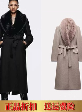 ZA家秋冬新品女装欧美长袖翻领单排扣人造皮草领毛呢大衣 9225147