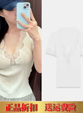 ZA家春夏季女装甜辣风蕾丝罗纹短袖v领T恤  0264363 0264/363
