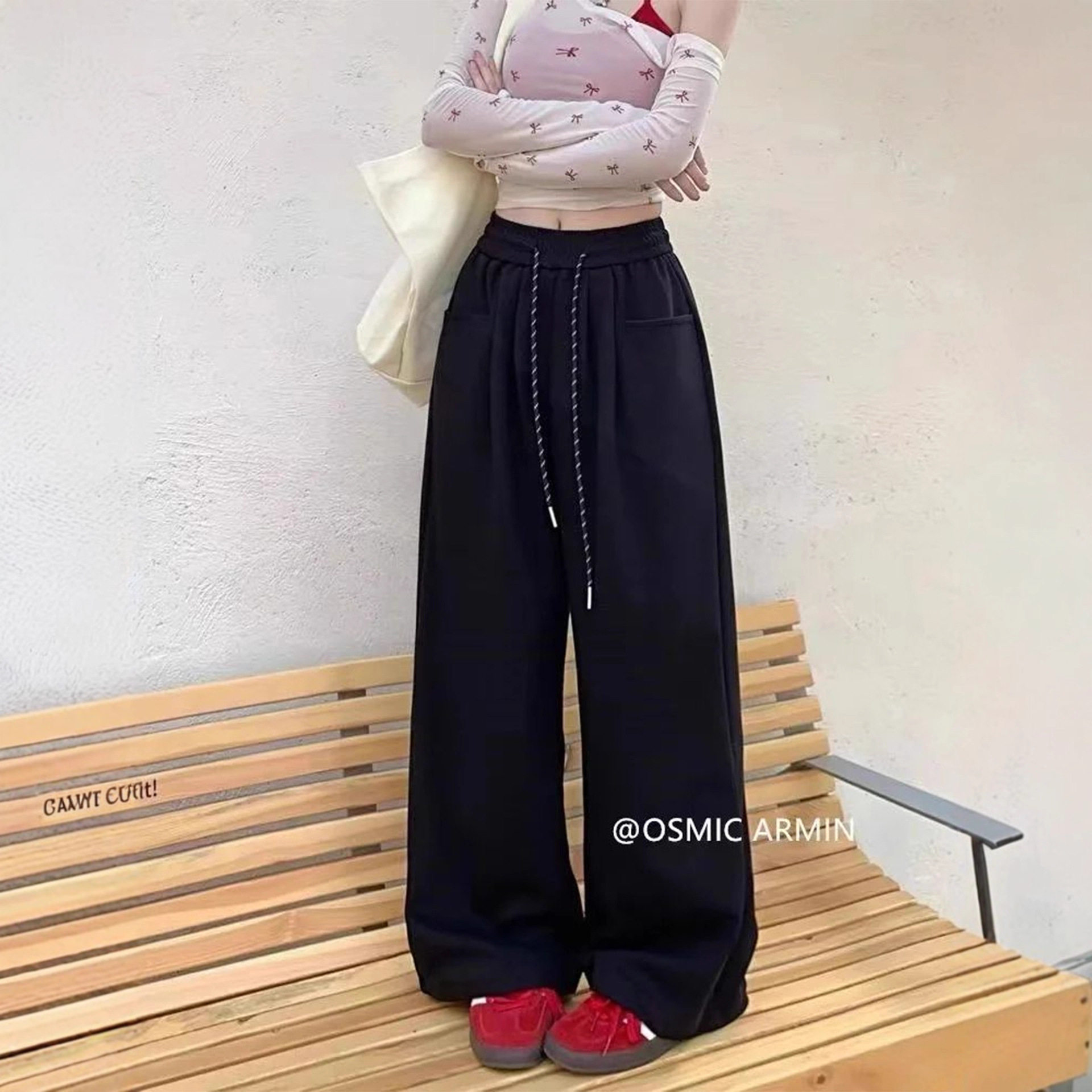 黑色运动裤女夏季2025新款宽松bf慵懒风春秋阔腿长裤垂感直筒卫裤
