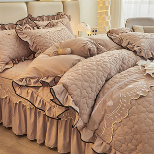 夹棉蕾丝床裙四件套公主加厚纯色床罩款 床上4件套被套床单1.5m1.8