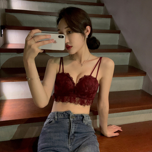 AH无钢圈文胸套装性感蕾丝美背收副乳小胸罩红色聚拢调整型内衣女