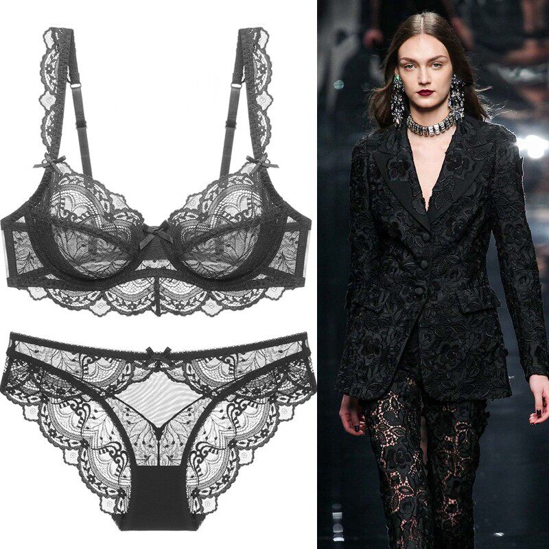 AH文胸套装透明纯欲蕾丝超薄款大胸显小聚拢大码性感防下垂内衣女