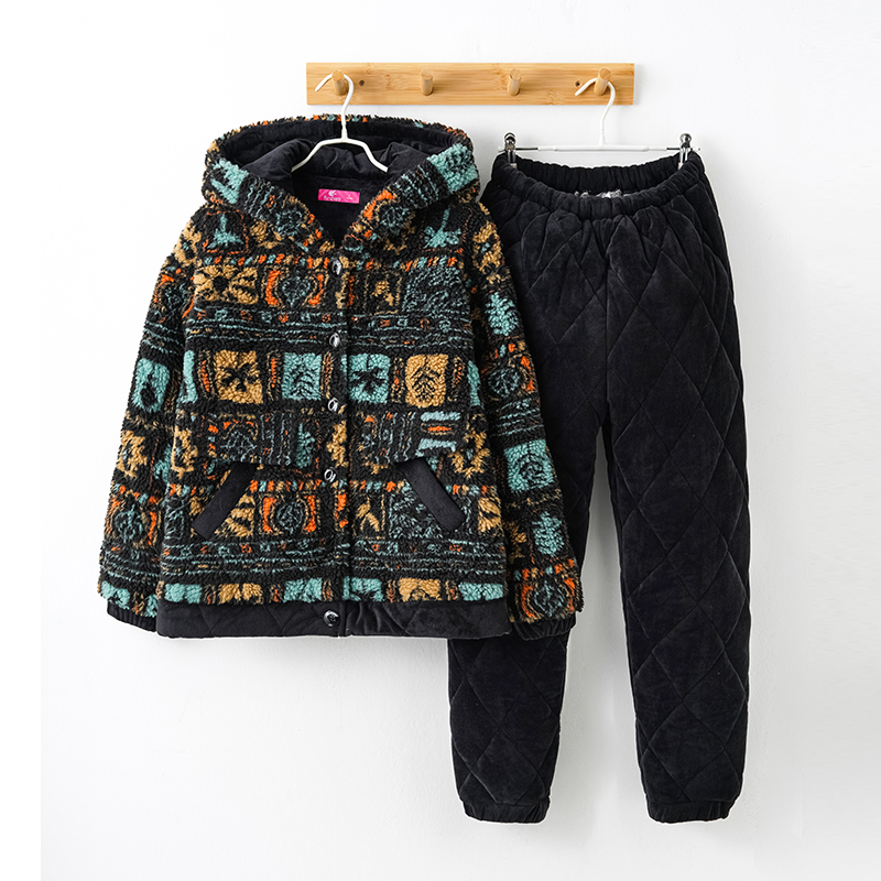 三昌秋冬季男女情侣睡衣连帽加厚2025新款家居服三层夹棉两件套装