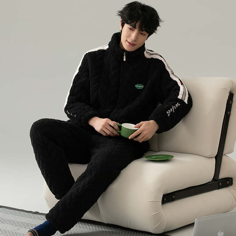 三昌男士睡衣青年冬季三层夹棉珊瑚绒睡衣休闲加绒加厚家居服套装