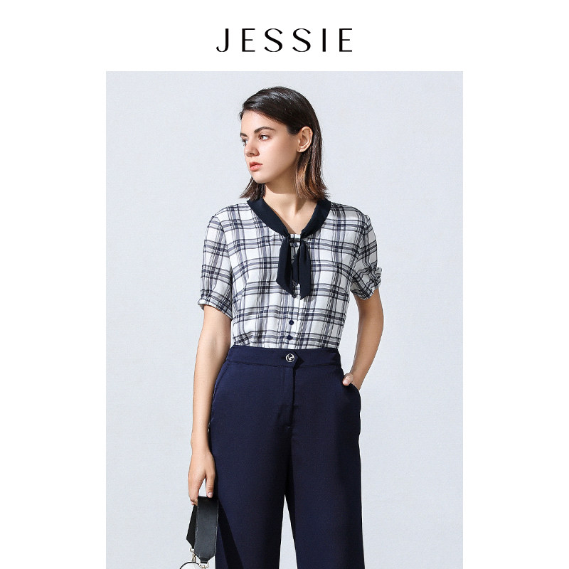 JESSIE25年夏季新款复古格子娃娃领短袖衬衫上衣