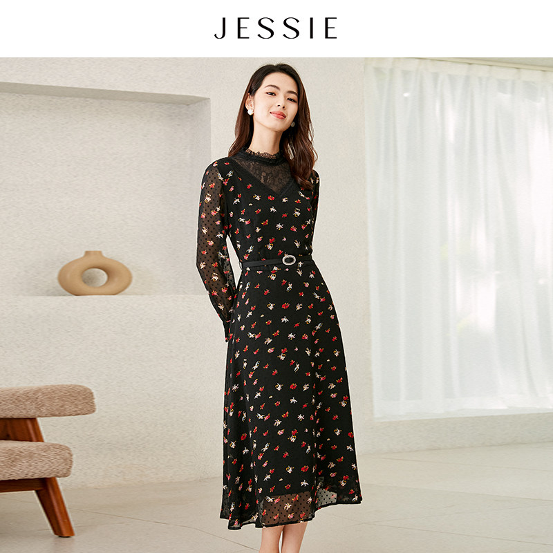 JESSIE优雅拼接蕾丝花边领长袖植绒碎花连衣裙秋