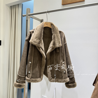 新款皮毛一体复古短款麂皮绒上衣