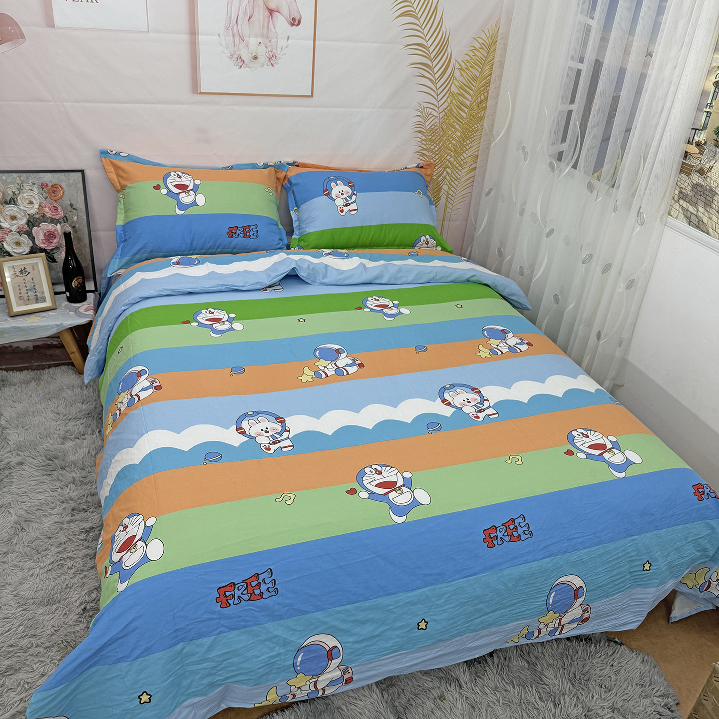叮当猫纯棉卡通床上四件套1.8M儿童男孩全棉床笠宿舍上下铺
