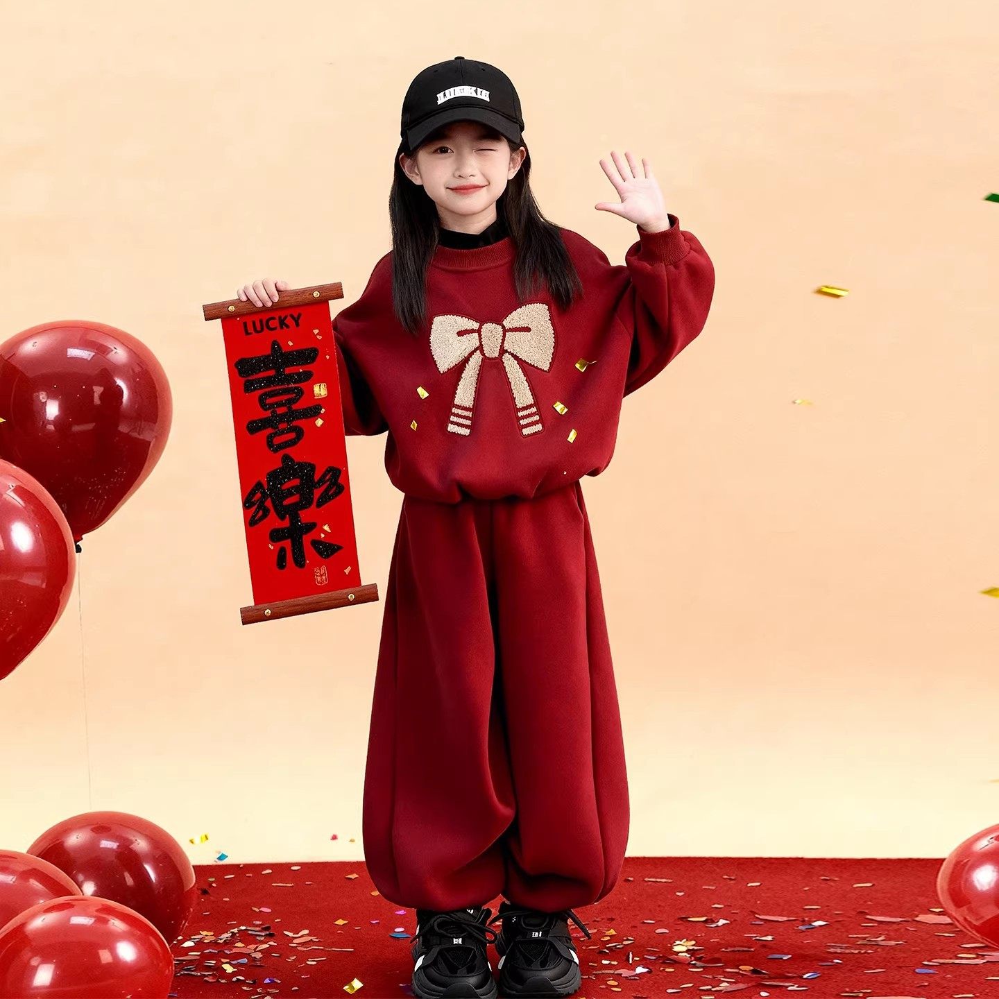 红色套装女童新年衣服加绒加厚本命年洋气穿搭女孩冬装搭配一整套