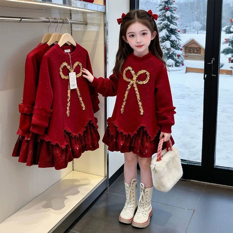 女童冬装加绒加厚拼接连衣裙2026新款中大童红色喜庆长袖卫衣裙潮