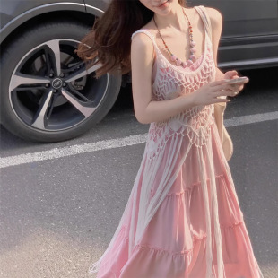 小个子穿搭套装粉色女温柔吊带连衣裙夏季新款度海边假风流苏