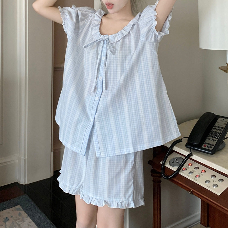 蓝色格子睡衣女夏季新款小清新短袖网红可爱娃娃领家居服薄款