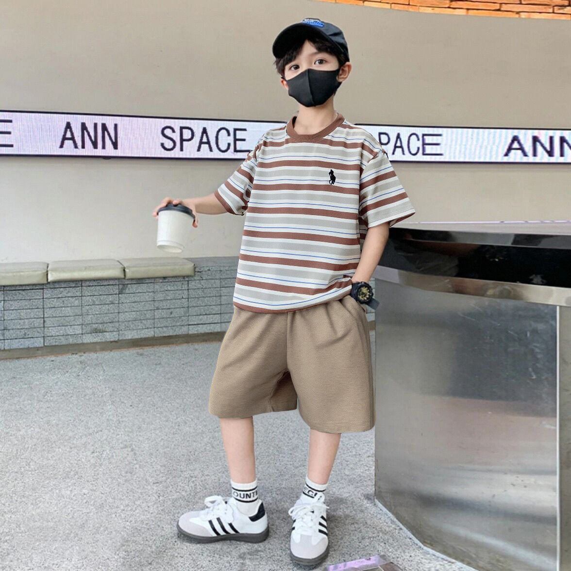 新款纯棉上衣套装男童夏装2026儿童中大童条纹短袖夏季两件套薄款