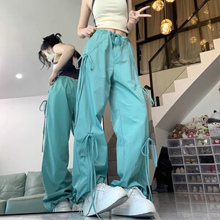 薄荷曼波蓝绿色蝴蝶结工装裤女夏季美式辣妹高腰爵士运动休闲