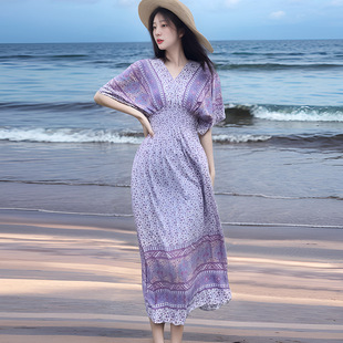 民族风V领棉绸短袖法式泰国风连衣裙女夏印花田园风裙子度假穿搭