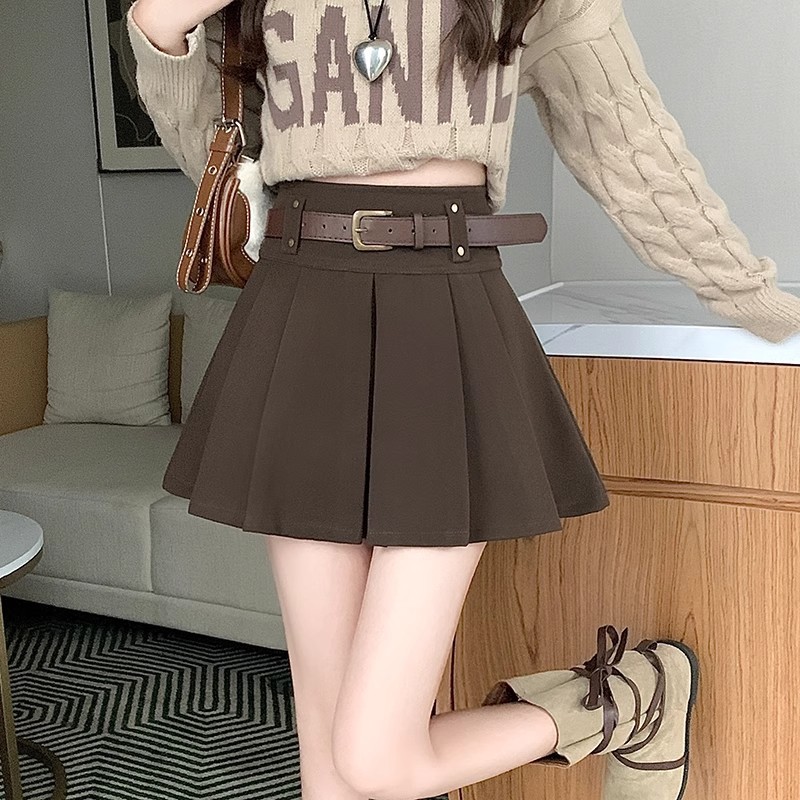 咖色毛呢百褶半身裙女冬季新款高腰显瘦a字伞裙防走光百搭短裙子