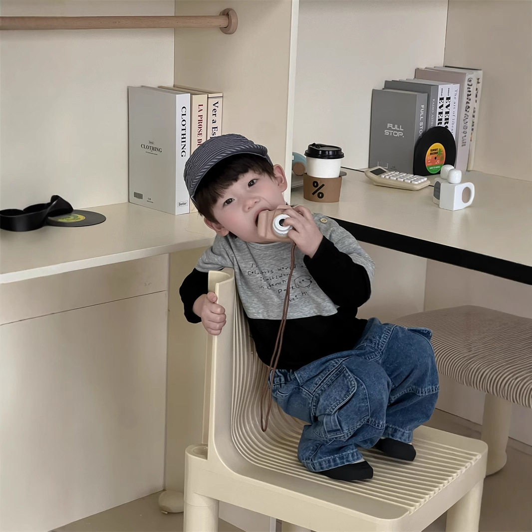 儿童撞色拼接长袖T恤衫牛仔裤套装春款新品韩版童装男童春装衣服