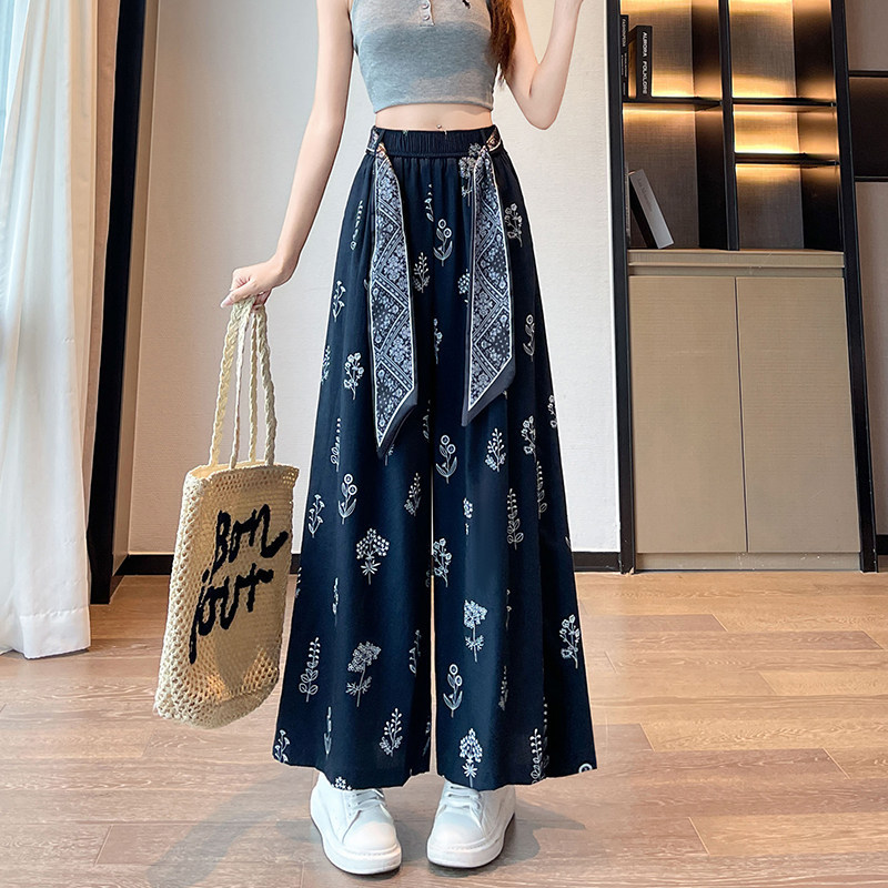复古系带碎花阔腿裤女夏季薄款冰丝宽松bf慵懒风九分直筒休闲裤子