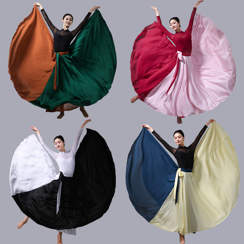 新款现代古典舞蹈裙纱黑色一片式藏族演出服半身大摆裙红色720度