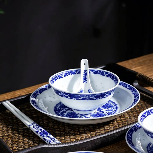 景德镇青花玲珑瓷碗5英寸釉下彩中式复古怀旧家用饭碗陶瓷碗商用