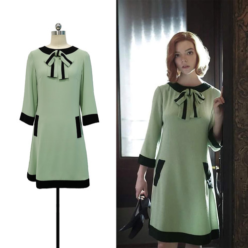 女王的棋局同款复古风绿色连衣裙