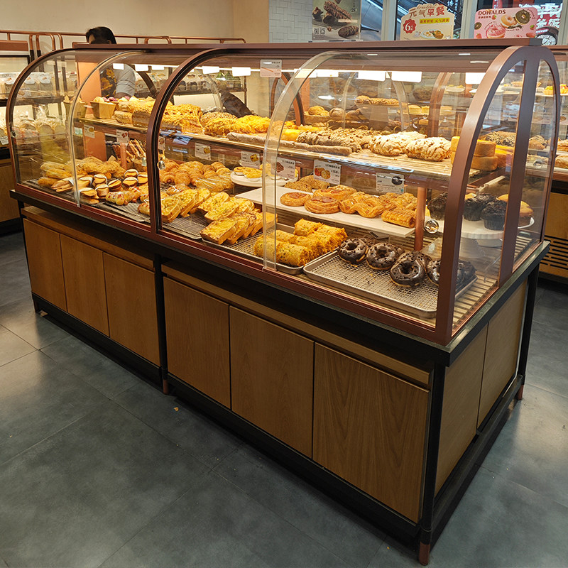 新款日式面包展示柜弧形中岛柜边柜蛋糕店面包架面包展架玻璃商用