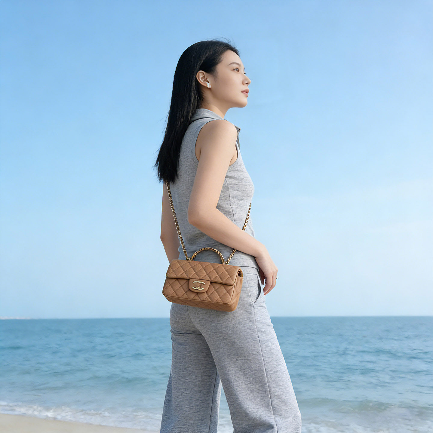 CF Handle 大Mini 手提包 牛皮鱼子酱 荔枝纹 菱格链条女包19.5cm