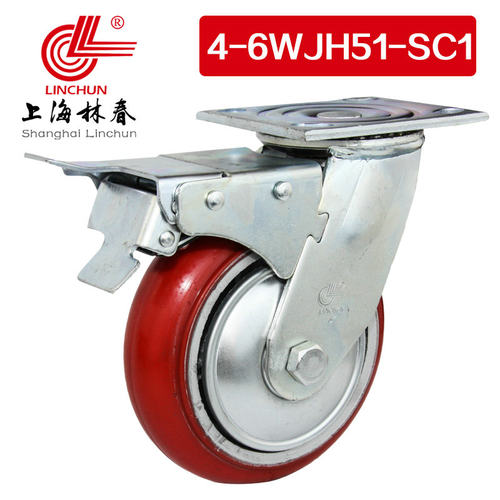 林春4系6寸重型圆弧铁芯PU刹车万向轮承载410KG脚轮4-6WJH51-SC1