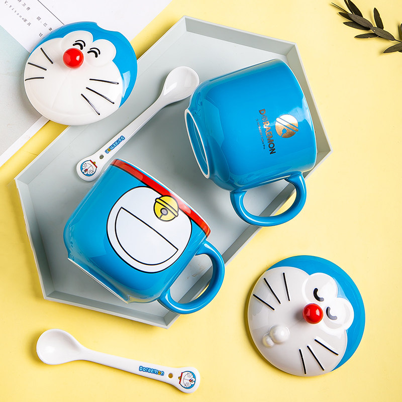 [现货]哆啦A梦马克杯带盖水杯机器猫蓝胖子可爱生日卡通陶瓷杯