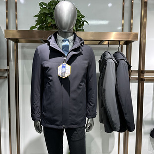 鹅绒加厚内胆脱卸男士羽绒服连帽脱卸户外商务风格防风纹理免烫料