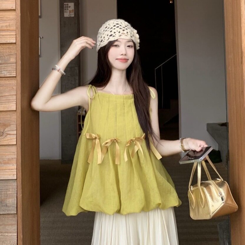 多巴胺蝴蝶结花苞吊带背心女夏季抹胸