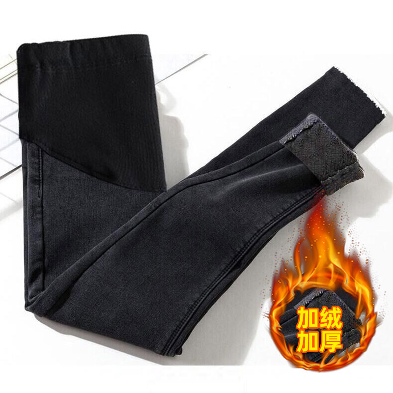 孕妇裤子秋冬装春秋款外穿小脚牛仔裤冬季加绒加厚黑色2021新款女