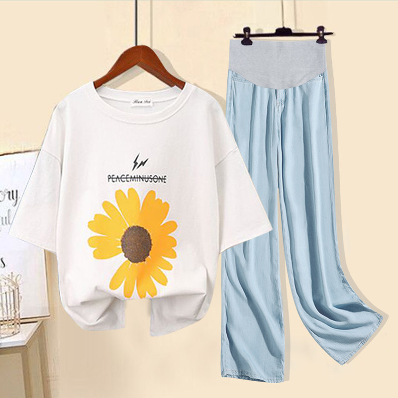 孕妇夏装套装外出时尚款夏季网红冰丝阔腿裤子洋气产检两件套潮妈