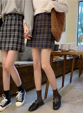 复古高腰百搭裙子半身裙港风短裙秋天格子女春夏A字韩版裙子