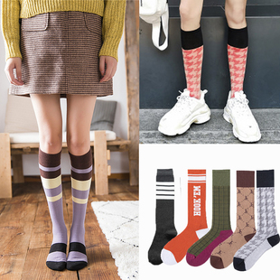 条纹学生高筒袜子 ins网红小腿袜紫色复古及膝袜 街拍运动袜 包邮