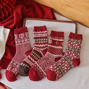 加厚红袜子女费尔岛新年鸿运大红袜子保暖雪花圣诞袜新年袜毛巾袜