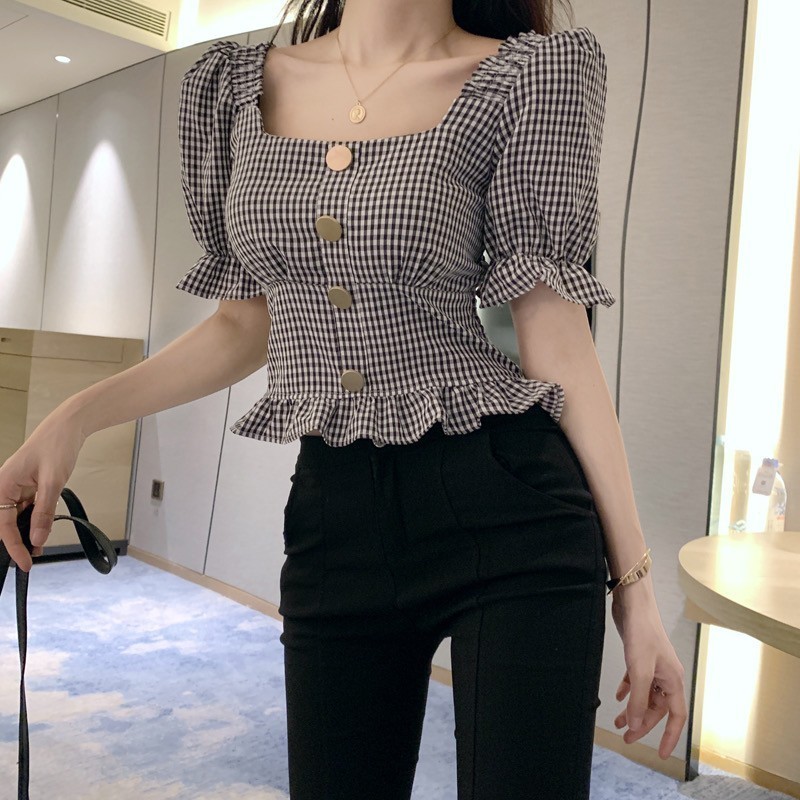甜美别致黑色格子短袖衬衫女夏季新款法式设计感小众方领短款上衣