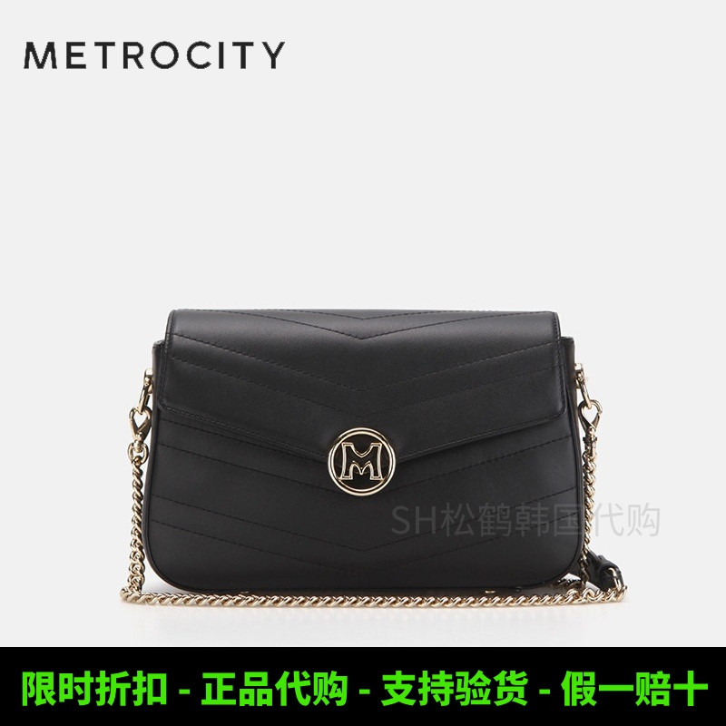 韩国代购METROCITY意大利皮包女士款时尚休闲黑色链条单肩斜挎包