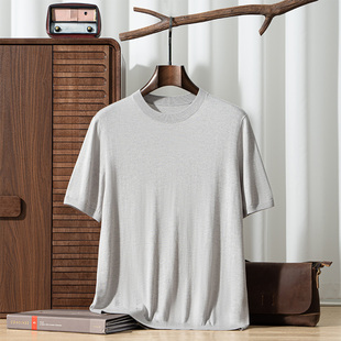 商务休闲宽松半袖丝毛绒精纺夏季薄款男圆领短袖针织衫套头打底衫