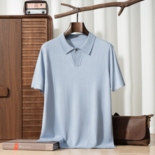 精纺高端半袖纯色男士商务极简夏季桑蚕丝毛绒针织衫新款薄款短袖