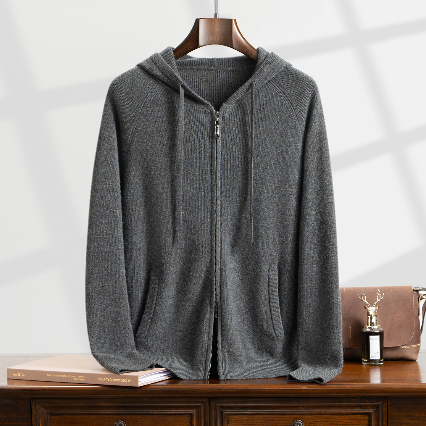 老钱通勤风100%纯山羊绒连帽拉链开衫男加厚保暖针织外套,男装,羊绒开衫,淘宝优惠券,粉丝福利购,淘宝优惠卷