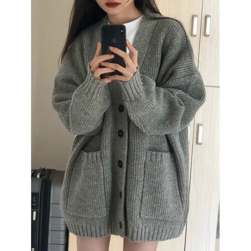 韩版穿搭小香风针织毛衣女秋冬季新款外搭宽松慵懒感领开衫外套