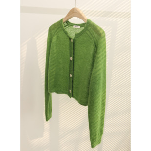GESCAS自制 秋季新款绿色马海毛衣针织开衫薄毛衣短款开衫外套女
