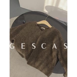 GESCAS秋冬马海毛毛衣竖纹针织V领套头经典复古百搭休闲气质上衣
