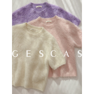 GESCAS秋冬羊驼毛毛衣短袖 针织圆领白粉紫色套头百搭休闲气质上衣