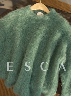 GESCAS复古绿色紫色慵懒羊驼毛拉毛衣羊驼绒套头外套上衣厚针织衫