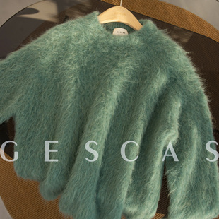 GESCAS复古绿色紫色慵懒羊驼毛拉毛衣羊驼绒套头外套上衣厚针织衫